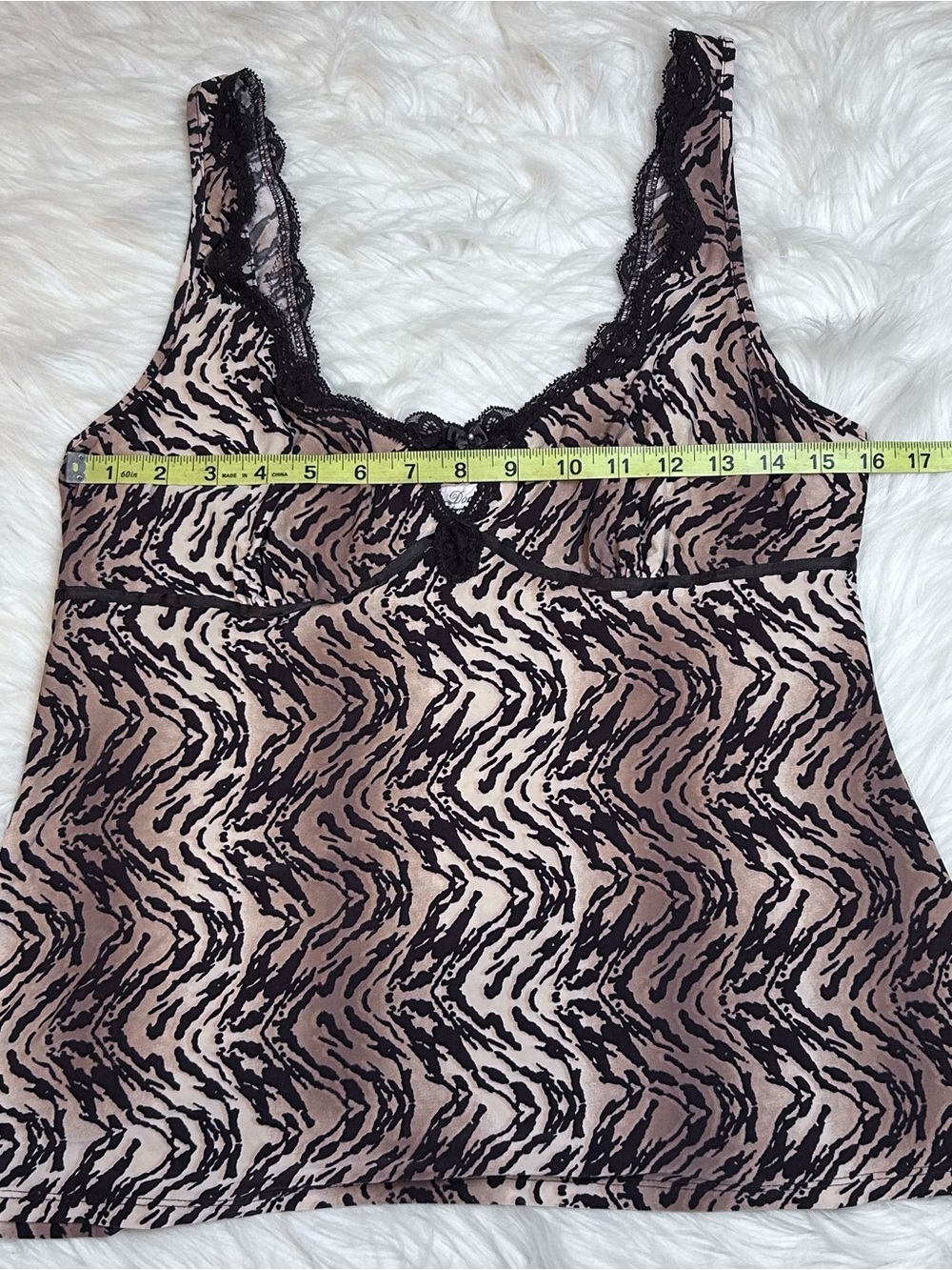 Vtg Linea Donatella Y2K Animal Print Babydoll Top Womens Size M Brown Lace 90s - Picture 9 of 11